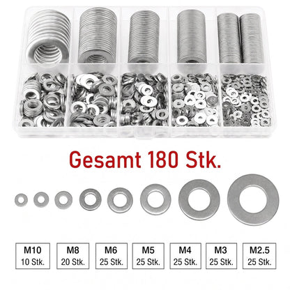 🔩 Edelstahl-Unterlegscheiben Sortiment M2-M12 – 180 Teile, 9 Größen, inkl. Aufbewahrungsbox