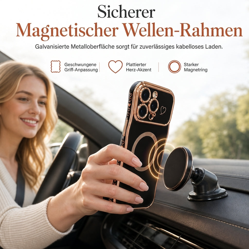 📢50% RABATT! 📱 Galvanisierte iPhone-Hülle mit Herz-Seitenrahmen & großem Kamerafenster – magnetisch & Wellenmuster