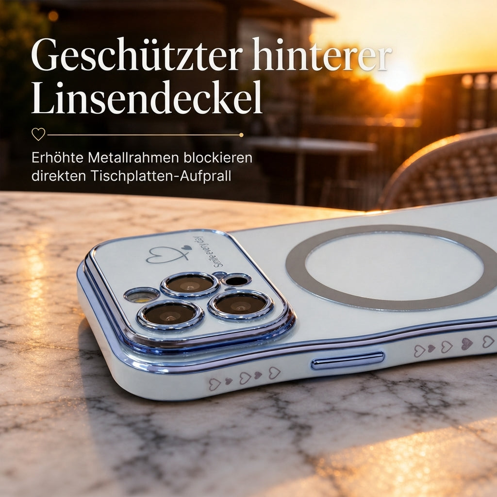 📢50% RABATT! 📱 Galvanisierte iPhone-Hülle mit Herz-Seitenrahmen & großem Kamerafenster – magnetisch & Wellenmuster