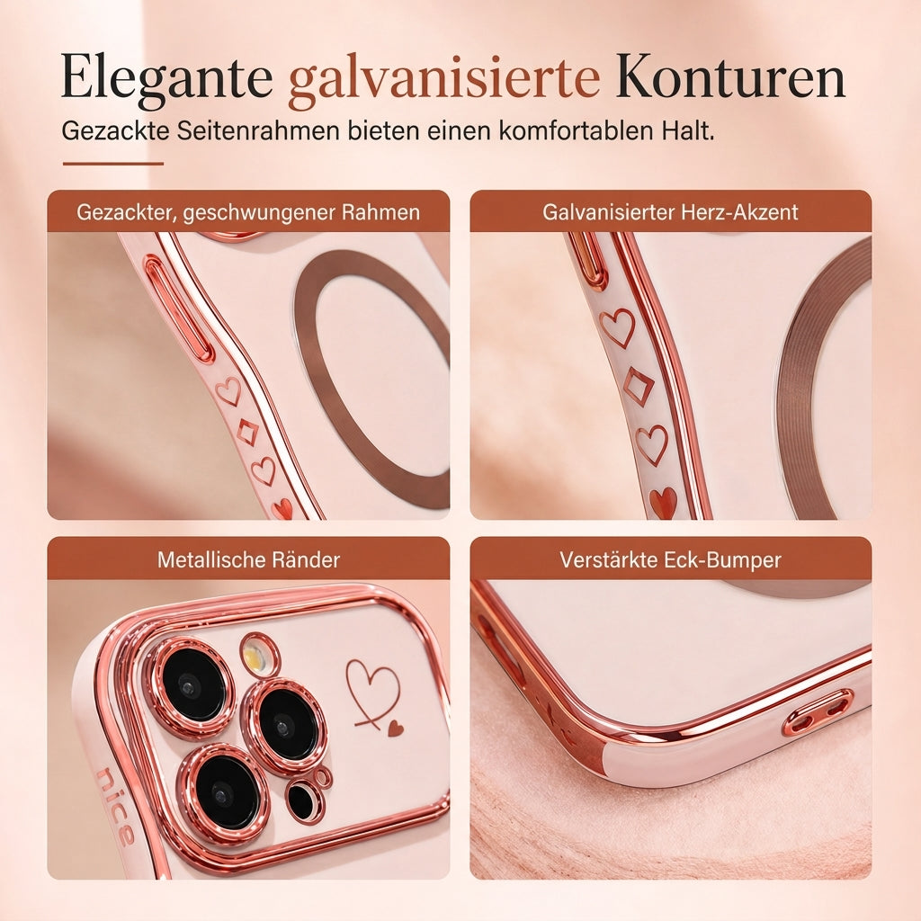 📢50% RABATT! 📱 Galvanisierte iPhone-Hülle mit Herz-Seitenrahmen & großem Kamerafenster – magnetisch & Wellenmuster