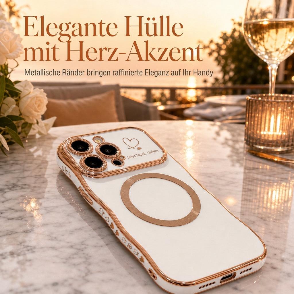 📢50% RABATT! 📱 Galvanisierte iPhone-Hülle mit Herz-Seitenrahmen & großem Kamerafenster – magnetisch & Wellenmuster