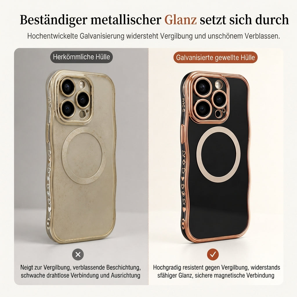 📢50% RABATT! 📱 Galvanisierte iPhone-Hülle mit Herz-Seitenrahmen & großem Kamerafenster – magnetisch & Wellenmuster
