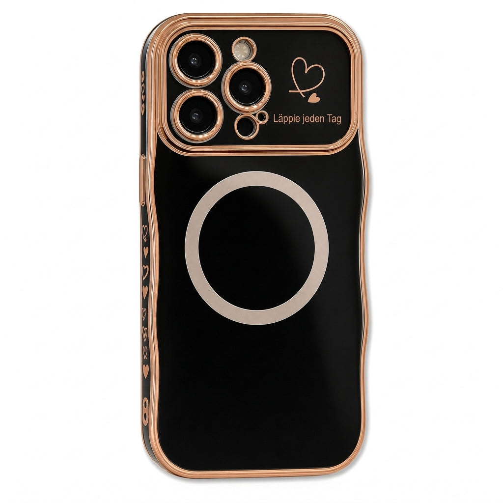 📢50% RABATT! 📱 Galvanisierte iPhone-Hülle mit Herz-Seitenrahmen & großem Kamerafenster – magnetisch & Wellenmuster