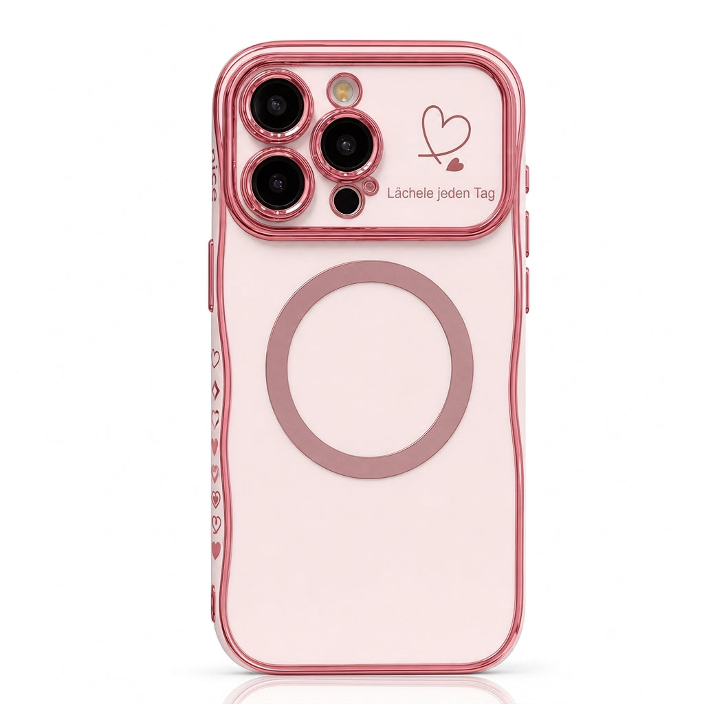 📢50% RABATT! 📱 Galvanisierte iPhone-Hülle mit Herz-Seitenrahmen & großem Kamerafenster – magnetisch & Wellenmuster