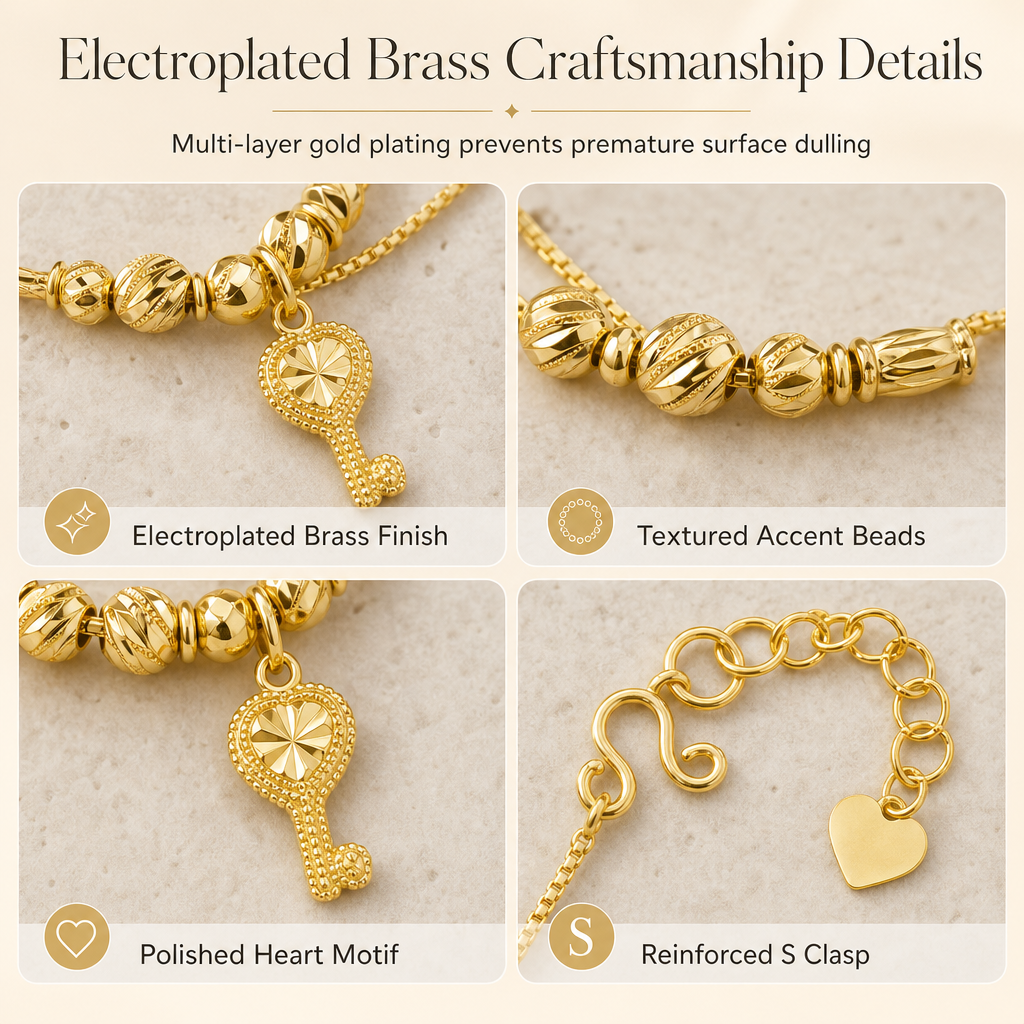 Women Double Layer Gold Tone Heart Charm Anklet with Small Beads Foot Jewelry Gift