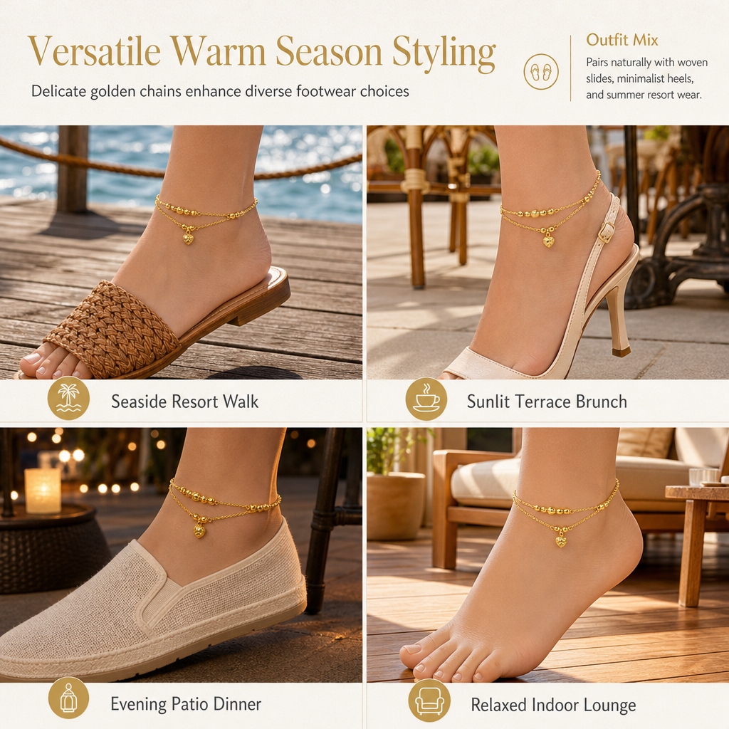 Women Double Layer Gold Tone Heart Charm Anklet with Small Beads Foot Jewelry Gift
