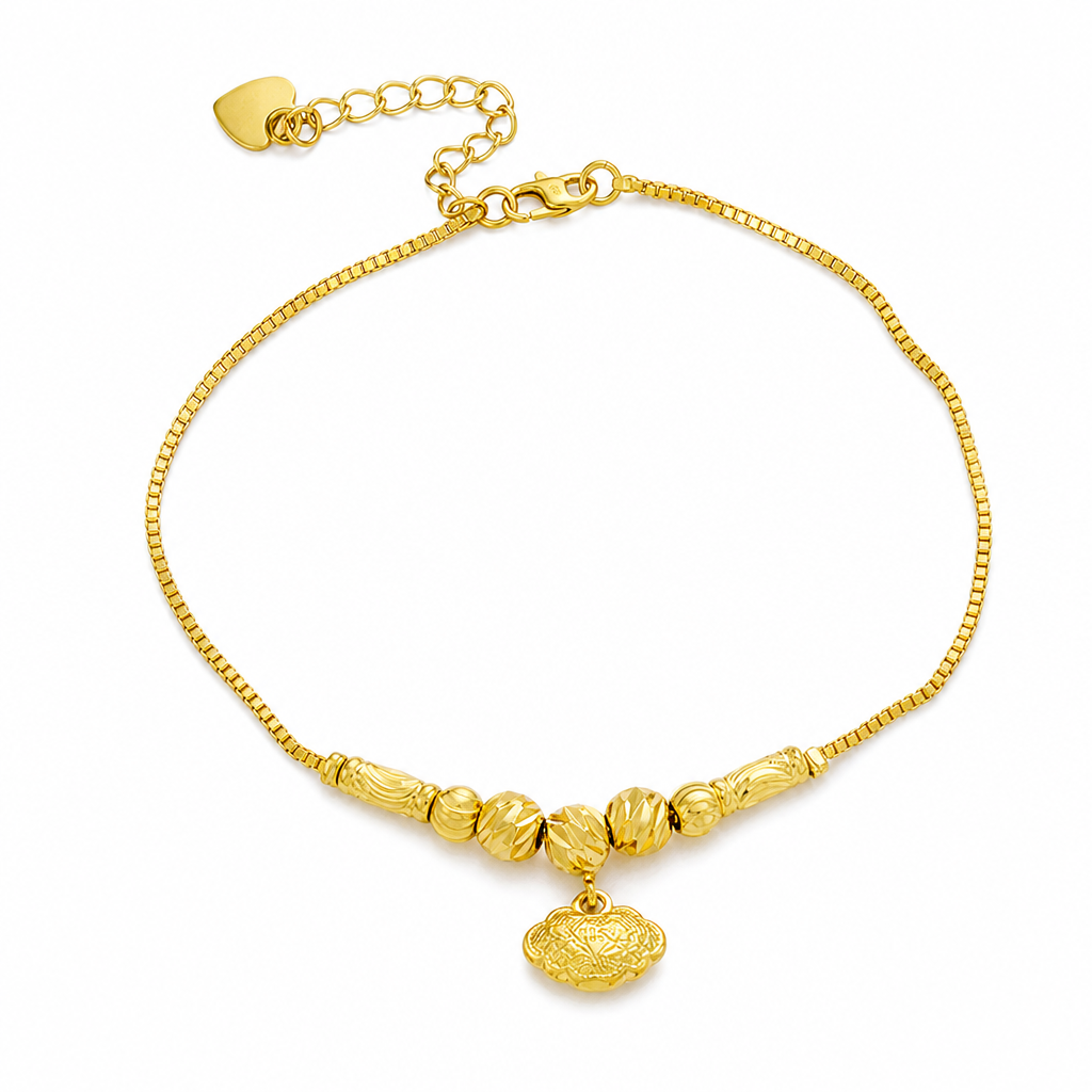 Women Double Layer Gold Tone Heart Charm Anklet with Small Beads Foot Jewelry Gift