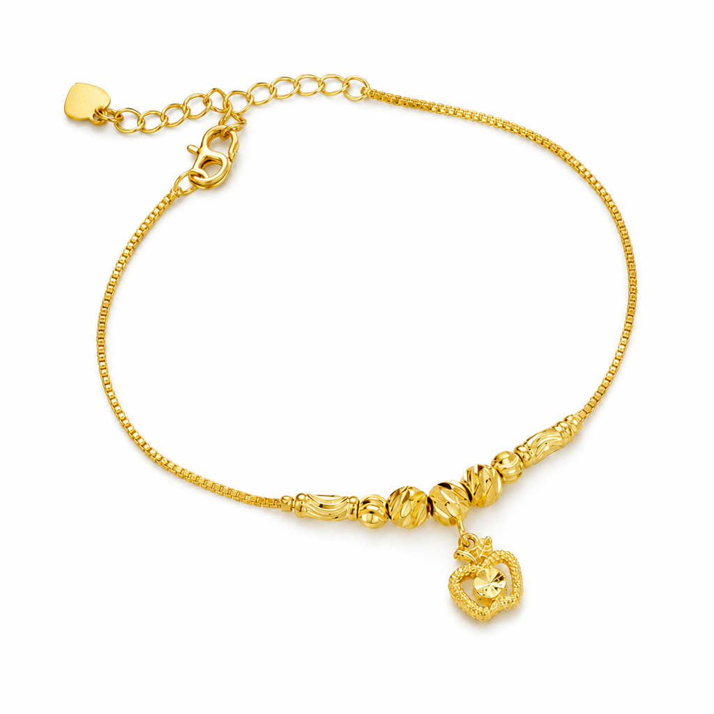 Women Double Layer Gold Tone Heart Charm Anklet with Small Beads Foot Jewelry Gift