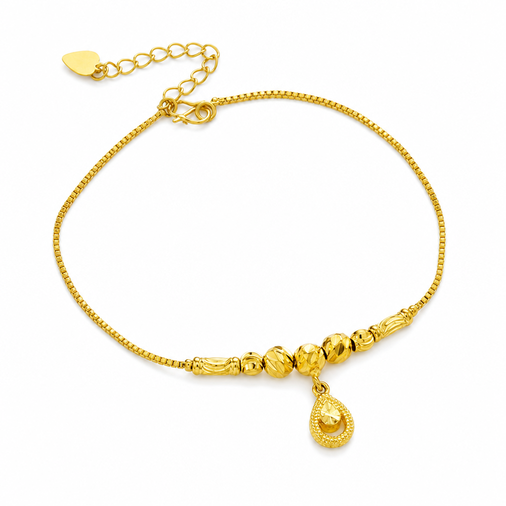 Women Double Layer Gold Tone Heart Charm Anklet with Small Beads Foot Jewelry Gift