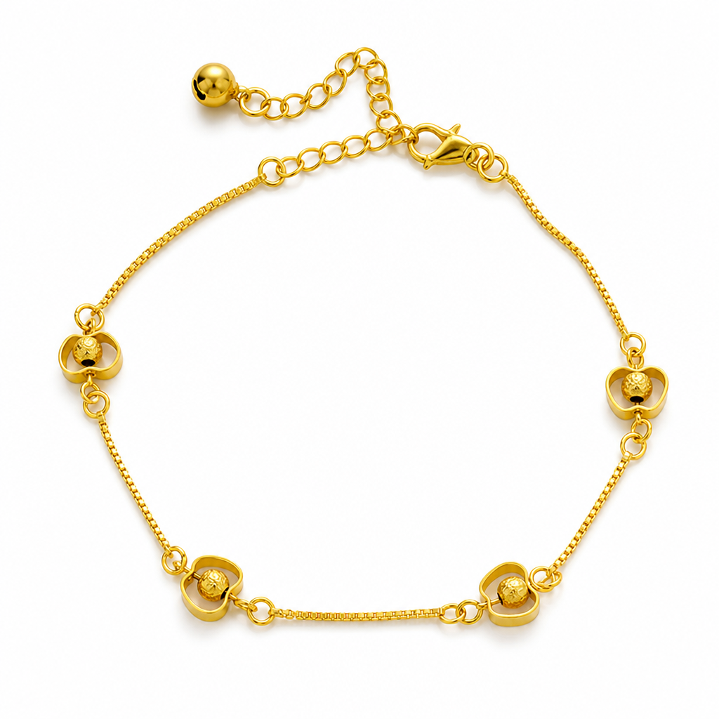 Women Double Layer Gold Tone Heart Charm Anklet with Small Beads Foot Jewelry Gift