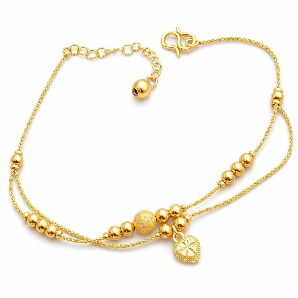 Women Double Layer Gold Tone Heart Charm Anklet with Small Beads Foot Jewelry Gift