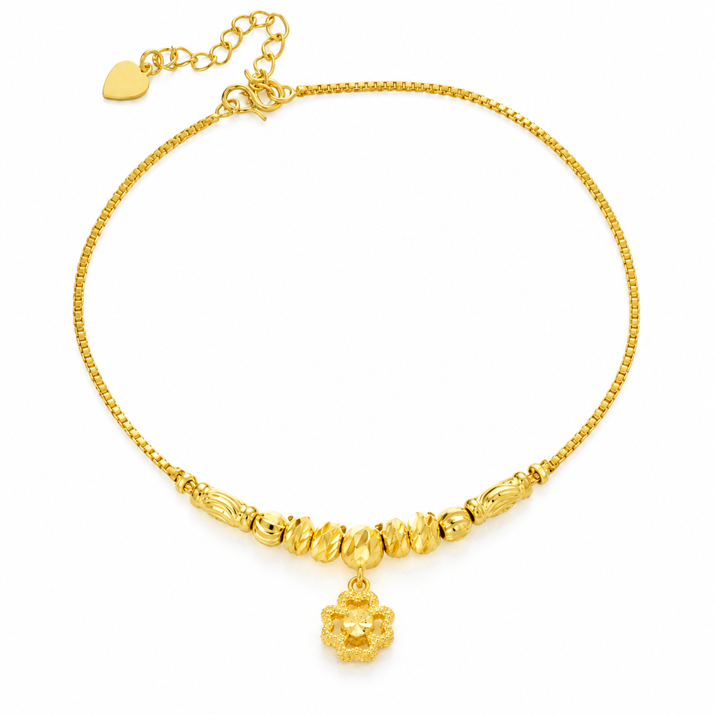 Women Double Layer Gold Tone Heart Charm Anklet with Small Beads Foot Jewelry Gift