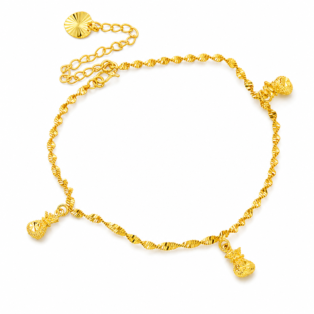 Women Double Layer Gold Tone Heart Charm Anklet with Small Beads Foot Jewelry Gift