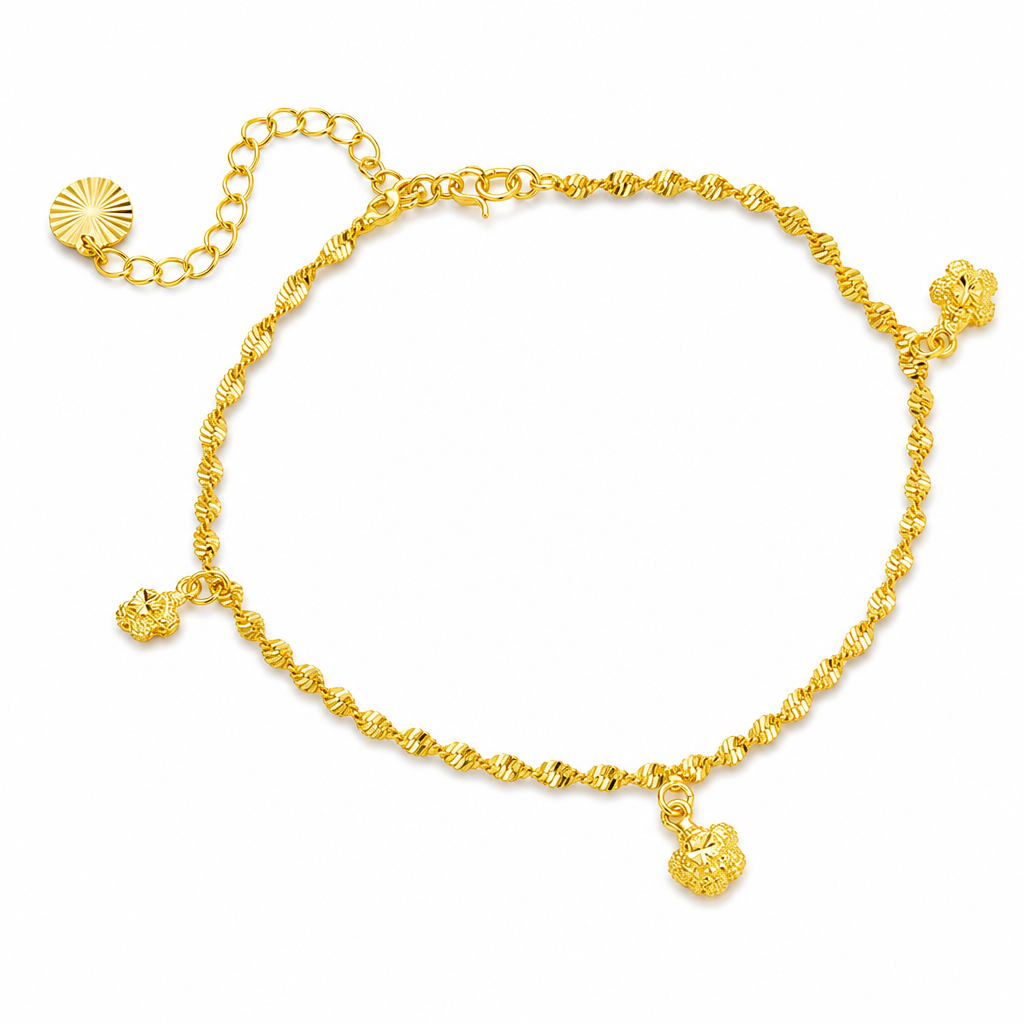 Women Double Layer Gold Tone Heart Charm Anklet with Small Beads Foot Jewelry Gift