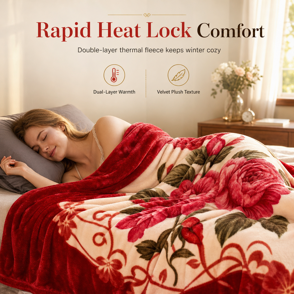 🛏️🌺 Warme Winterdecke aus Flanell – doppellagig, antistatisch & mit rotem Blumenmuster, kuschelig wie eine Wolke
