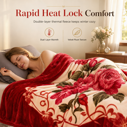 🛏️🌺 Warme Winterdecke aus Flanell – doppellagig, antistatisch & mit rotem Blumenmuster, kuschelig wie eine Wolke