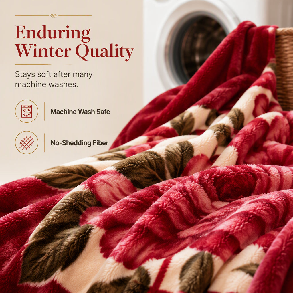 🛏️🌺 Warme Winterdecke aus Flanell – doppellagig, antistatisch & mit rotem Blumenmuster, kuschelig wie eine Wolke