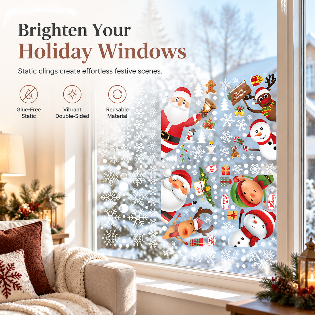 🎄 Weihnachts-Fensteraufkleber mit Rentier, Weihnachtsmann & Schneeflocken – statisch haftend, wiederverwendbar