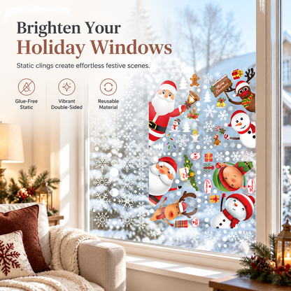🎄 Weihnachts-Fensteraufkleber mit Rentier, Weihnachtsmann & Schneeflocken – statisch haftend, wiederverwendbar