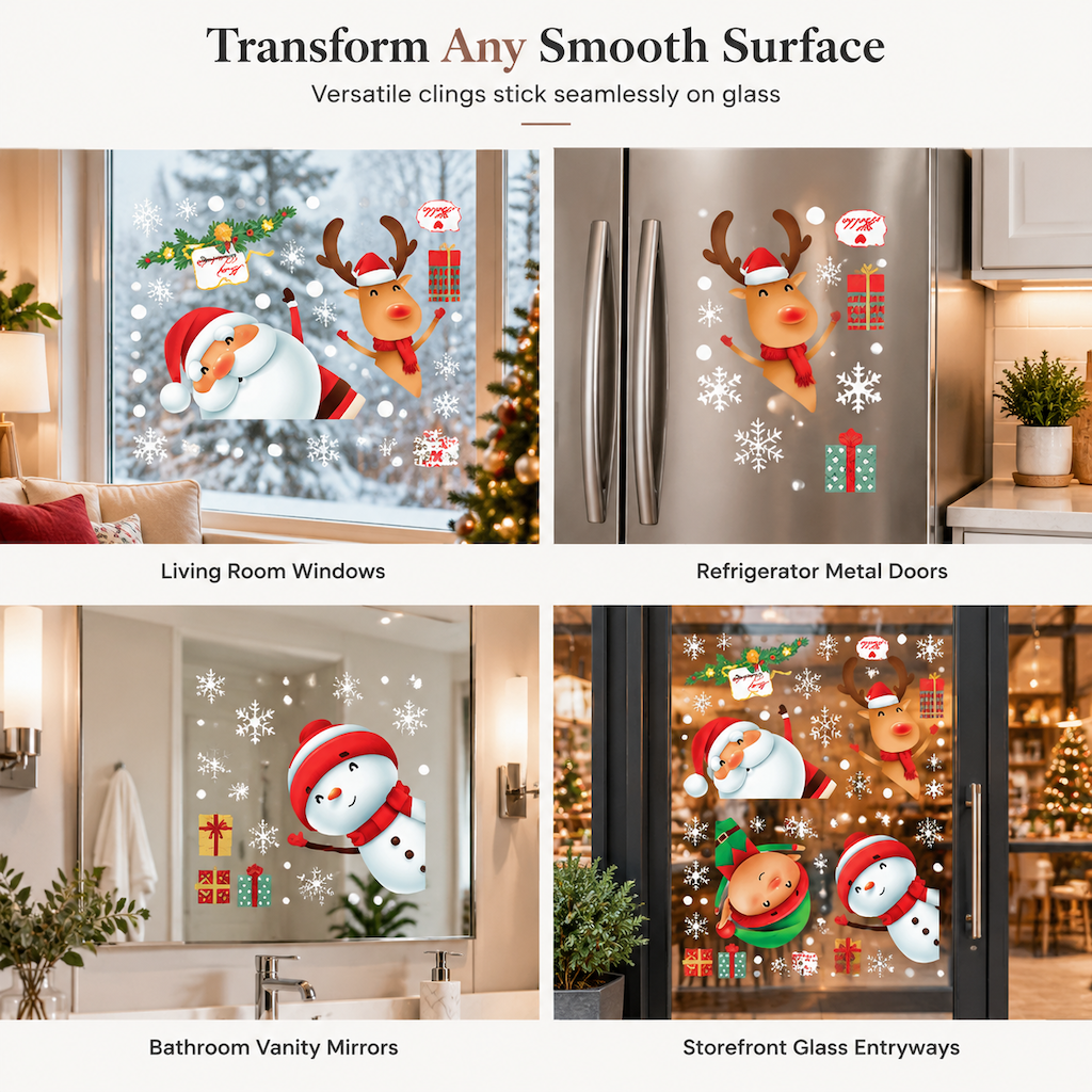 🎄 Weihnachts-Fensteraufkleber mit Rentier, Weihnachtsmann & Schneeflocken – statisch haftend, wiederverwendbar