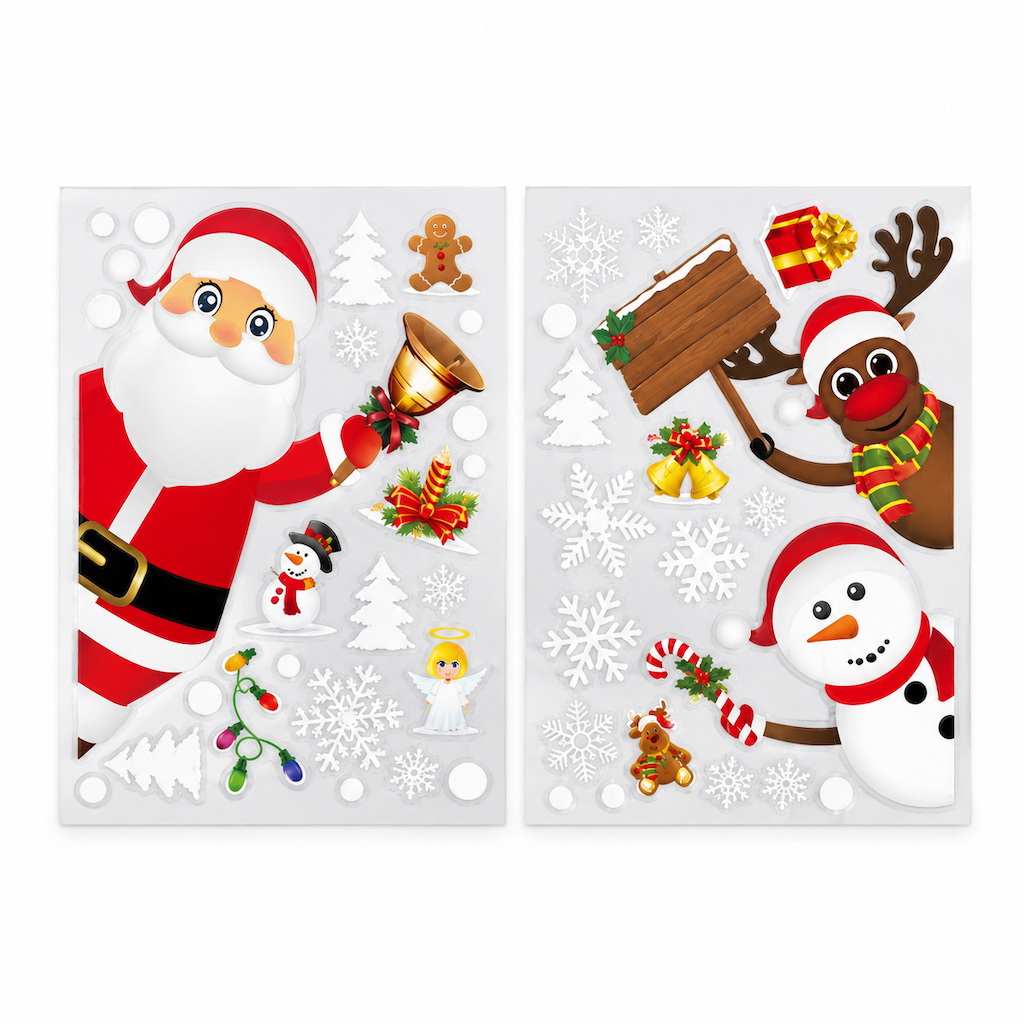 🎄 Weihnachts-Fensteraufkleber mit Rentier, Weihnachtsmann & Schneeflocken – statisch haftend, wiederverwendbar