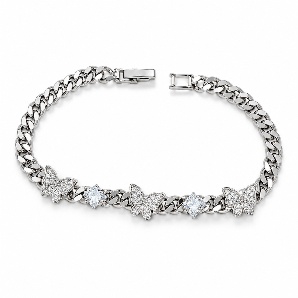 🦋✨ 50% RABATT! 💎 Silberne Panzerkette mit Zirkonia & Schmetterlings-Anhänger – funkelnd & robust für Damen