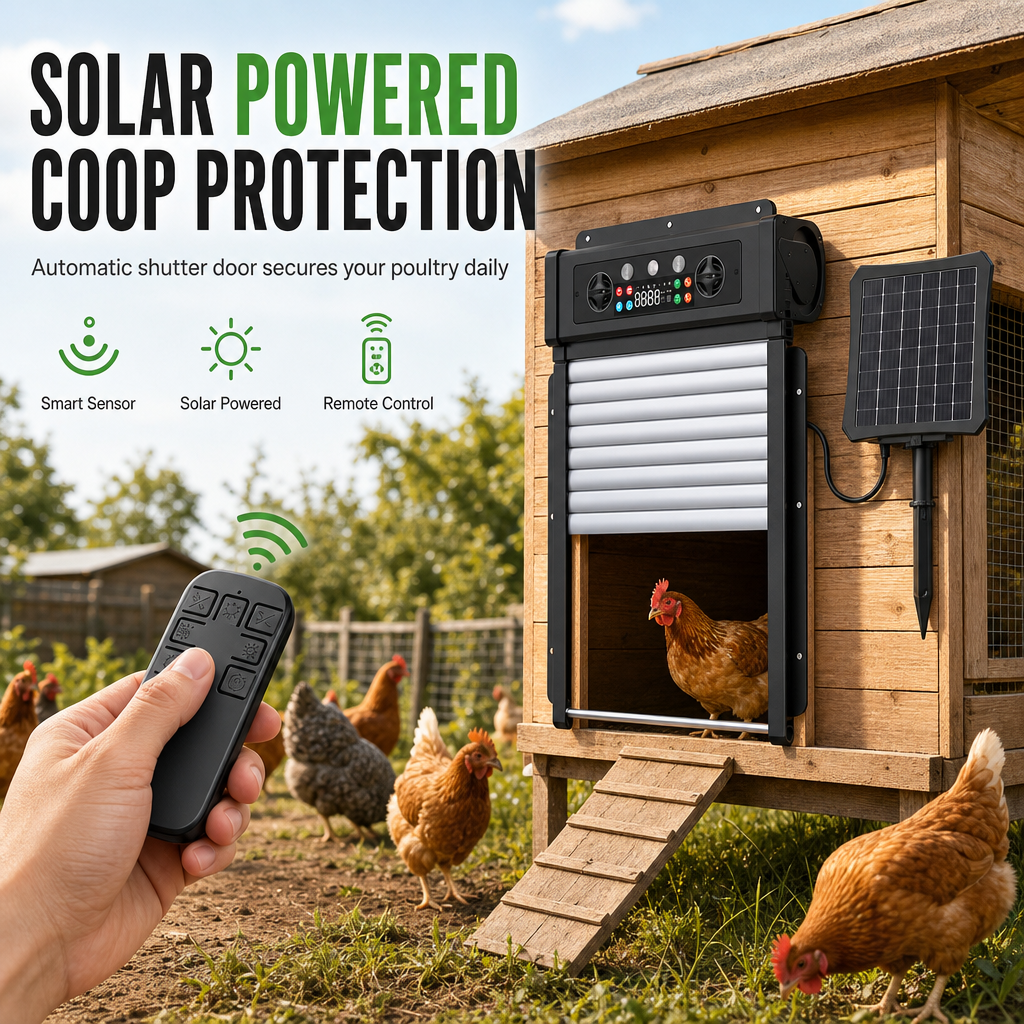 🛡️ 50% RABATT! 🐔 Solarbetriebene automatische Hühnertür mit Fernbedienung & Einklemmschutz – Rolltor für Stall & Auslauf
