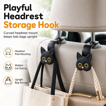 ⏳50% RABATT! 🐱 Auto-Kopfstützenhaken im Katzen-Design – 2er-Set für Taschen & Einkaufstüten, Schwarz/Weiß