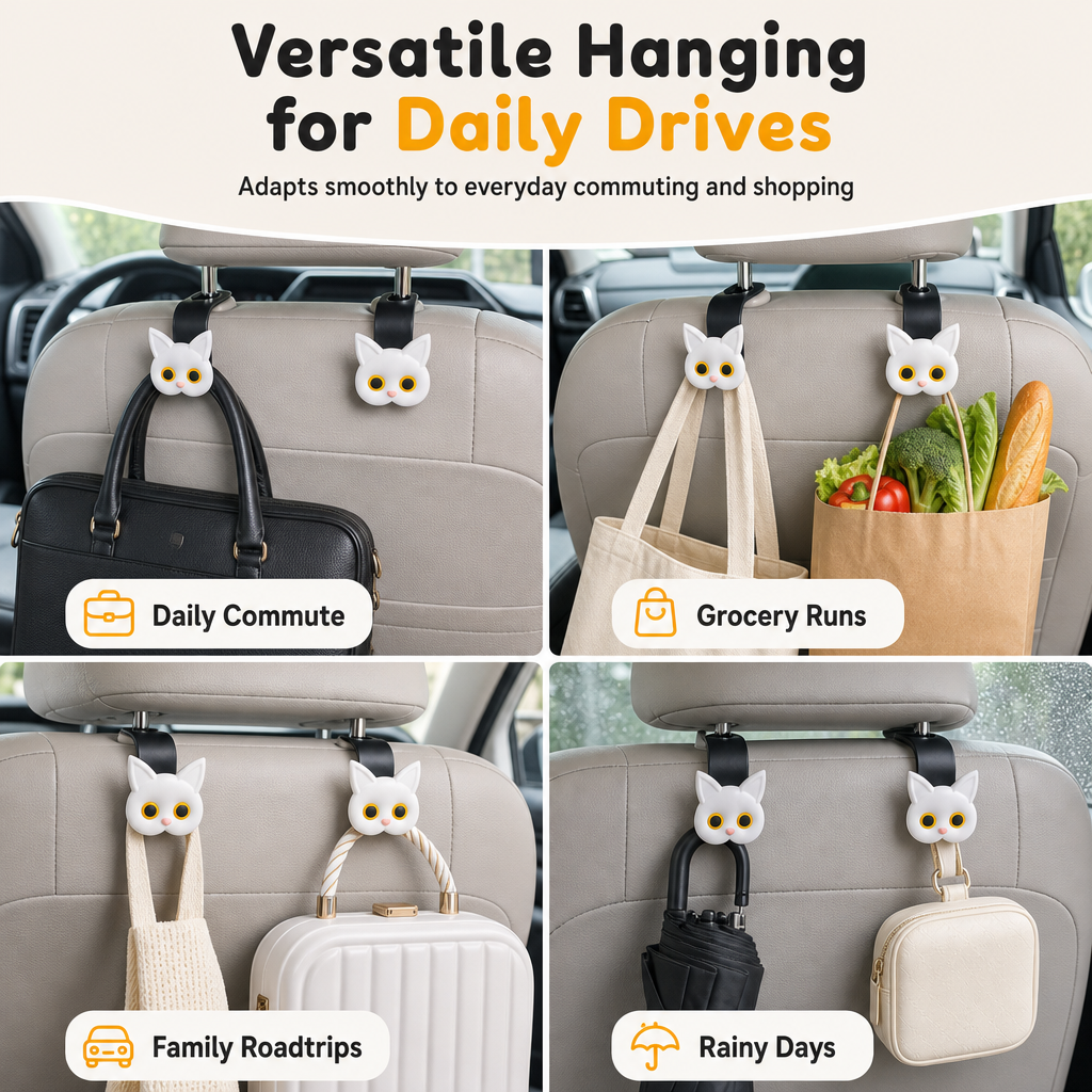 ⏳50% RABATT! 🐱 Auto-Kopfstützenhaken im Katzen-Design – 2er-Set für Taschen & Einkaufstüten, Schwarz/Weiß