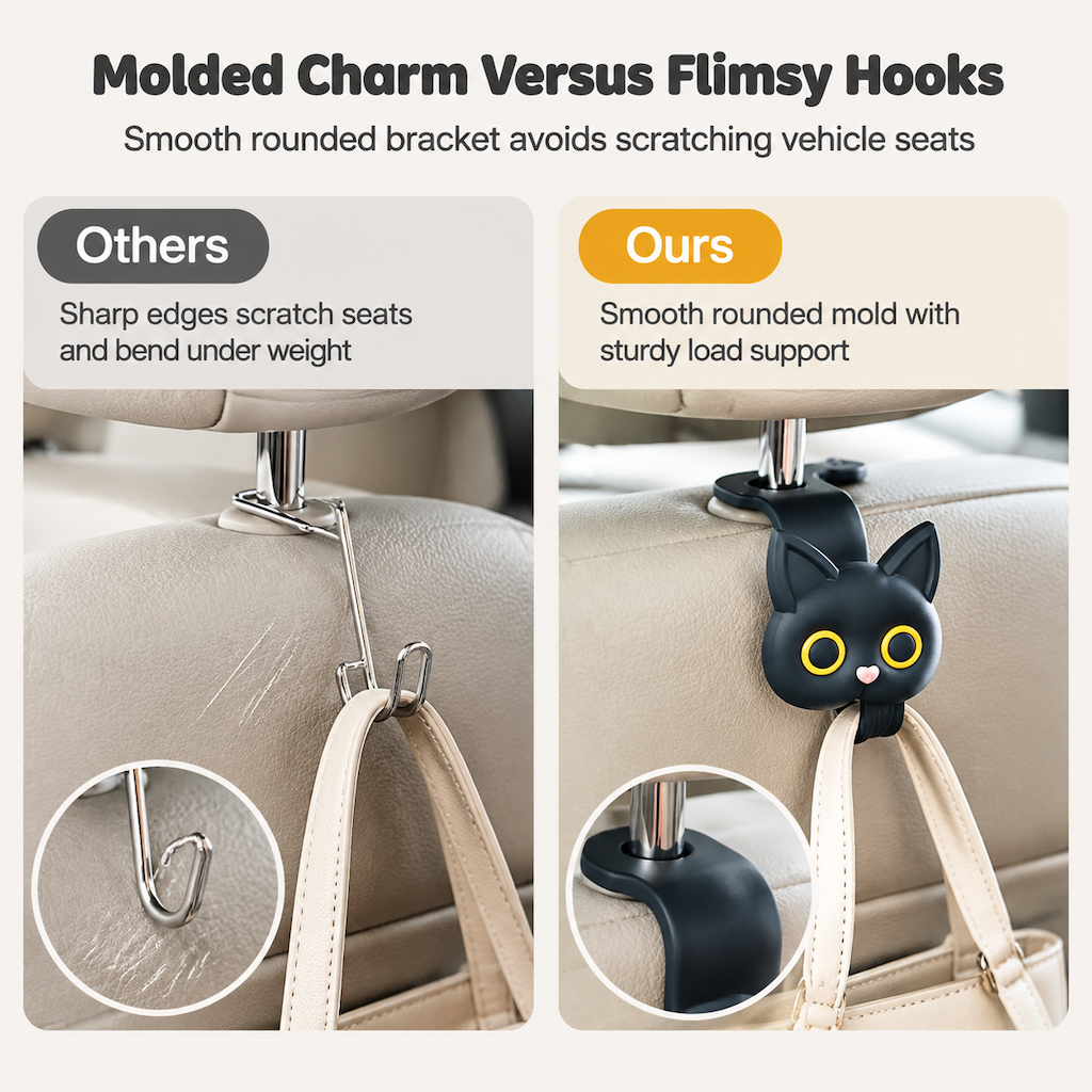 ⏳50% RABATT! 🐱 Auto-Kopfstützenhaken im Katzen-Design – 2er-Set für Taschen & Einkaufstüten, Schwarz/Weiß