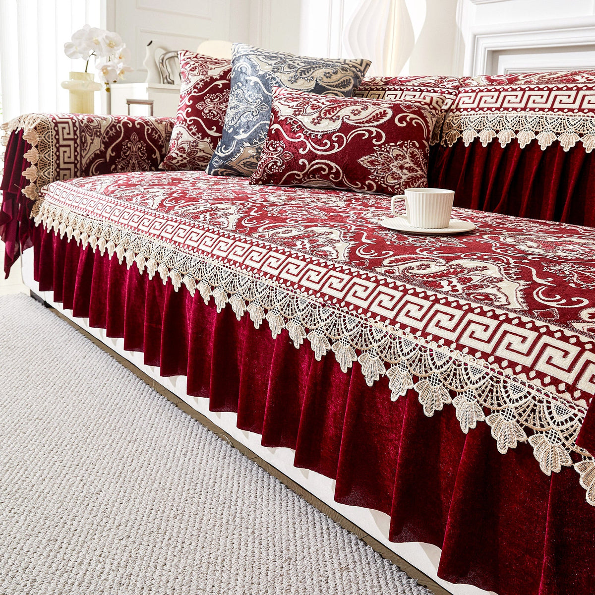 50% RABATT! 🛋️ Sofakissen mit europäischem Blumenmuster & Volant – romantisch & dekorativ für Couch & Sessel