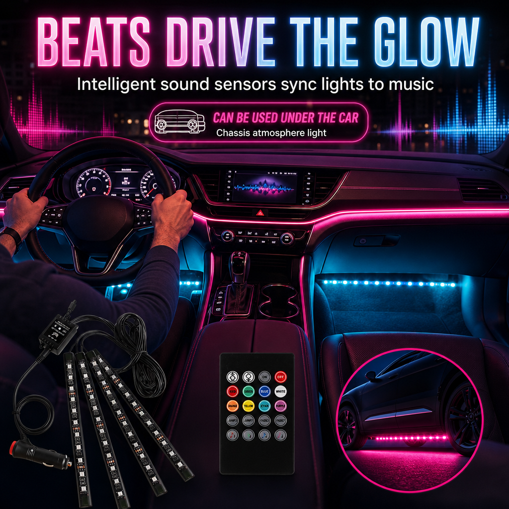 📢📢50% RABATT! 🚗 Soundaktivierte 12-LED Auto-Innenraumbeleuchtung – RGB mehrfarbig für Fußraum & Dekoration