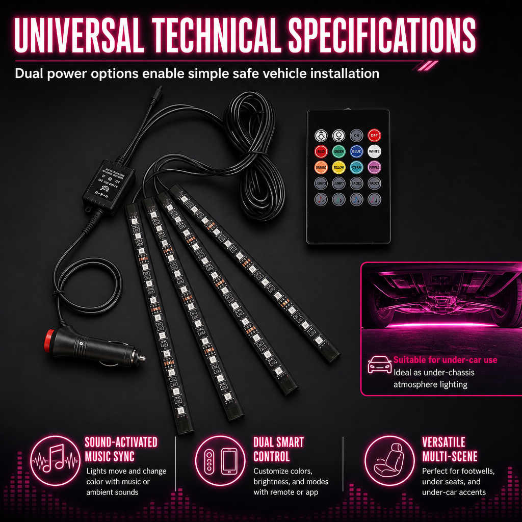 📢📢50% RABATT! 🚗 Soundaktivierte 12-LED Auto-Innenraumbeleuchtung – RGB mehrfarbig für Fußraum & Dekoration