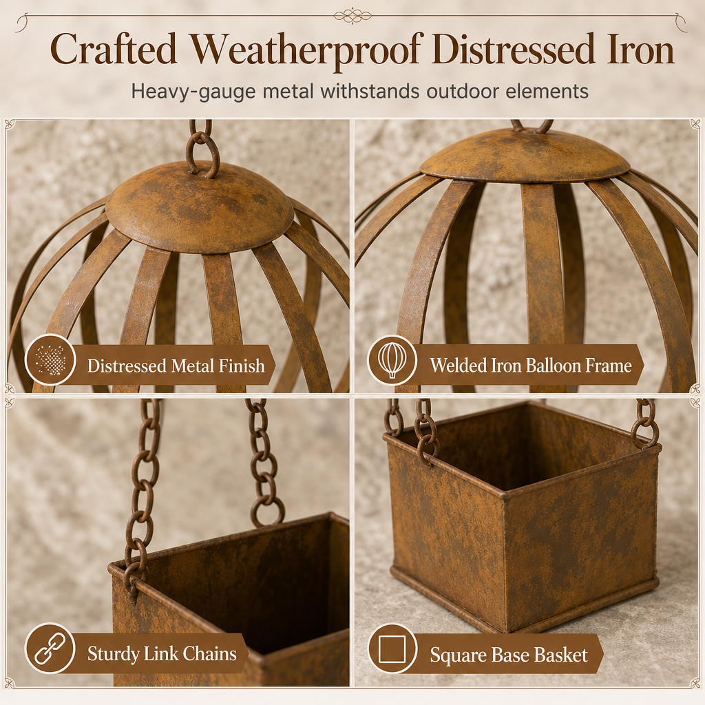 📢📢 50% OFF🌿Vintage Hot Air Balloon Hanging Planter – Distressed Metal Flower Pot for Garden & Patio Decor