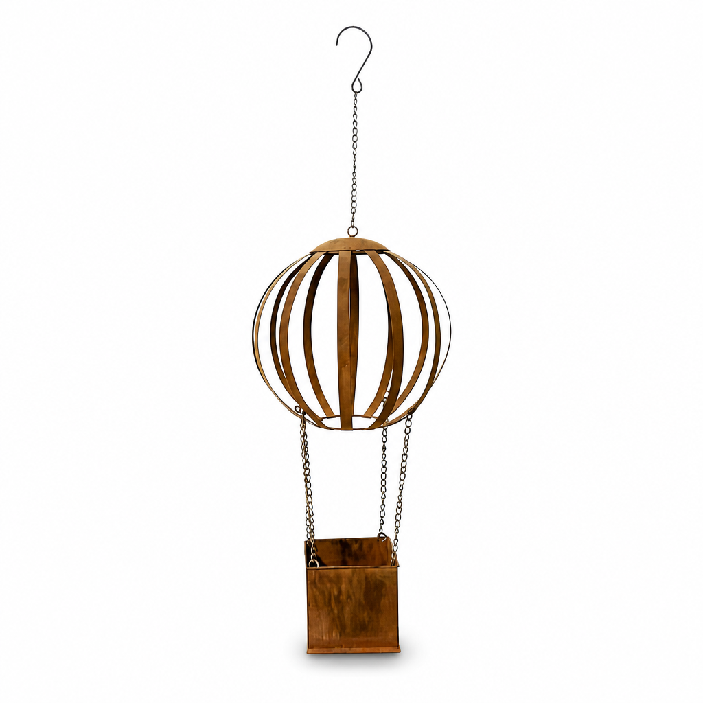 📢📢 50% OFF🌿Vintage Hot Air Balloon Hanging Planter – Distressed Metal Flower Pot for Garden & Patio Decor