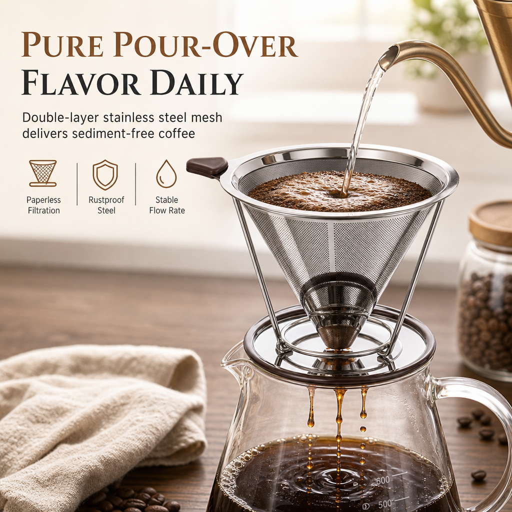 🥄 50% RABATT! ☕ Wiederverwendbarer Kaffeefilter aus 304 Edelstahl – doppellagiger Pour-Over-Aufsatz für 1–4 Tassen