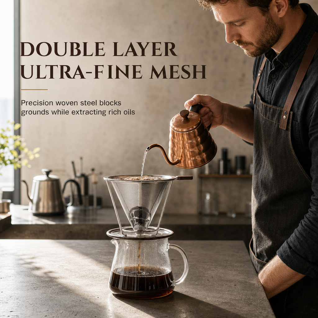 🥄 50% RABATT! ☕ Wiederverwendbarer Kaffeefilter aus 304 Edelstahl – doppellagiger Pour-Over-Aufsatz für 1–4 Tassen