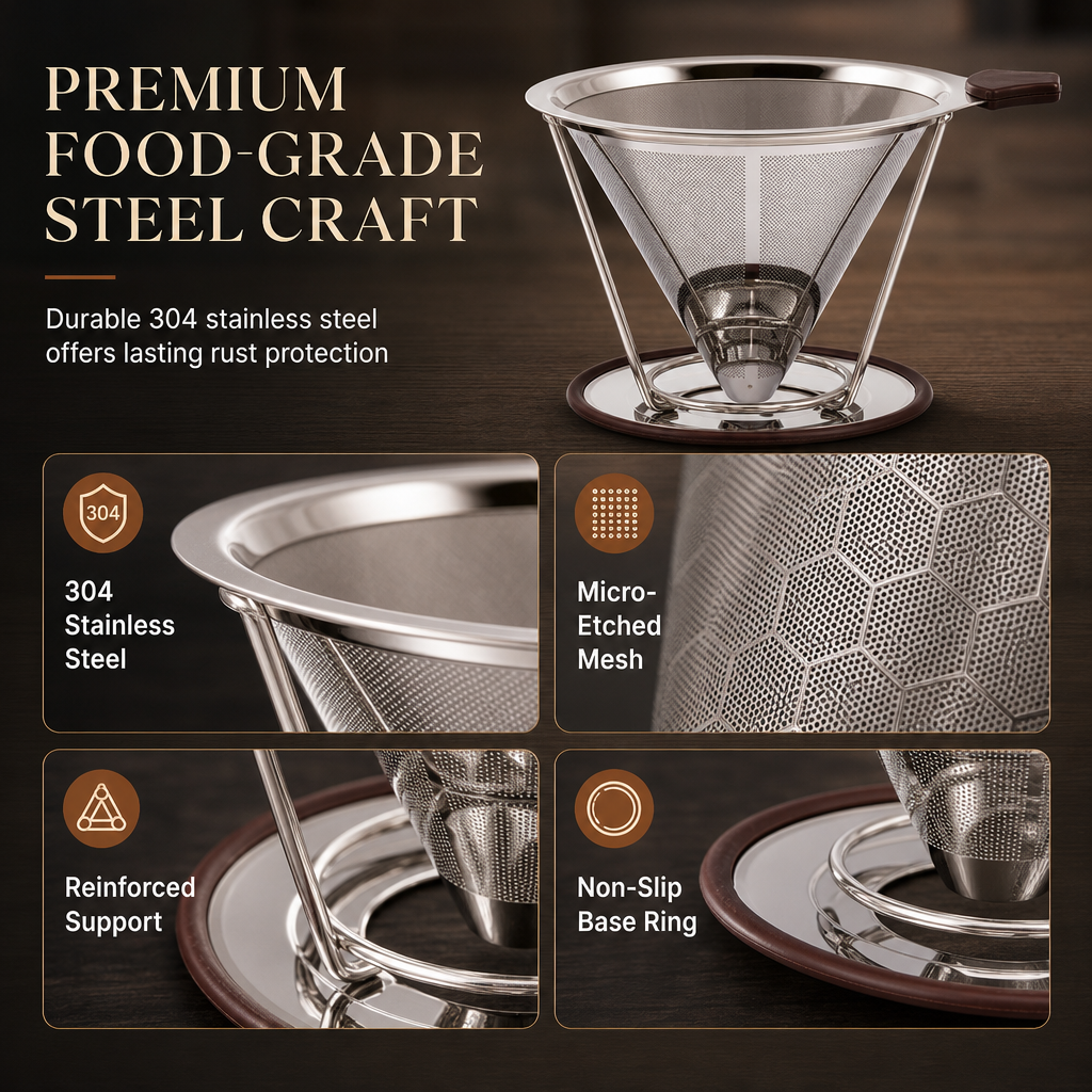 🥄 50% RABATT! ☕ Wiederverwendbarer Kaffeefilter aus 304 Edelstahl – doppellagiger Pour-Over-Aufsatz für 1–4 Tassen