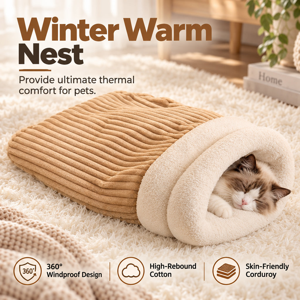 ❄️ 50% RABATT! 🐱🐕 Kuschelige Winter-Schlafhöhle aus Cord mit Lammwoll-Mix – halbgeschlossen, in M & L
