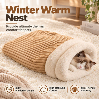 ❄️ 50% RABATT! 🐱🐕 Kuschelige Winter-Schlafhöhle aus Cord mit Lammwoll-Mix – halbgeschlossen, in M & L