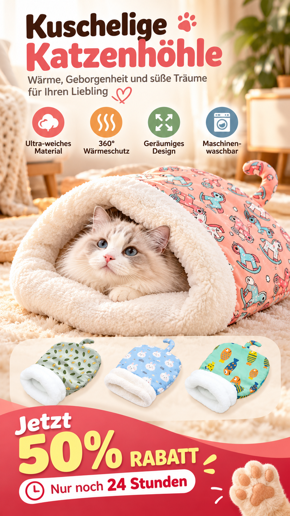 ⏳50% RABATT! 🐱 Flauschiger Katzen-Winterschlafsack – halbgeschlossene Kuschelhöhle mit Cartoon-Muster, Rosa/Blau
